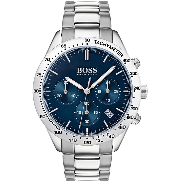 Blue-dial chronograph watch with steel bracelet