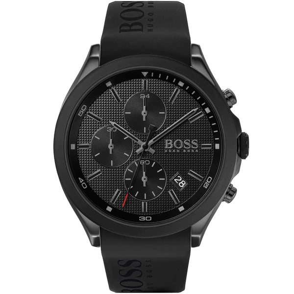 Black-dial chronograph watch with silicone logo strap