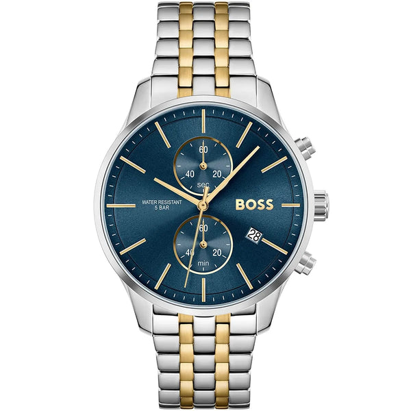 Two-tone chronograph watch with blue dial