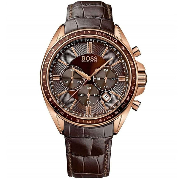 Chronograph watch with brown leather strap