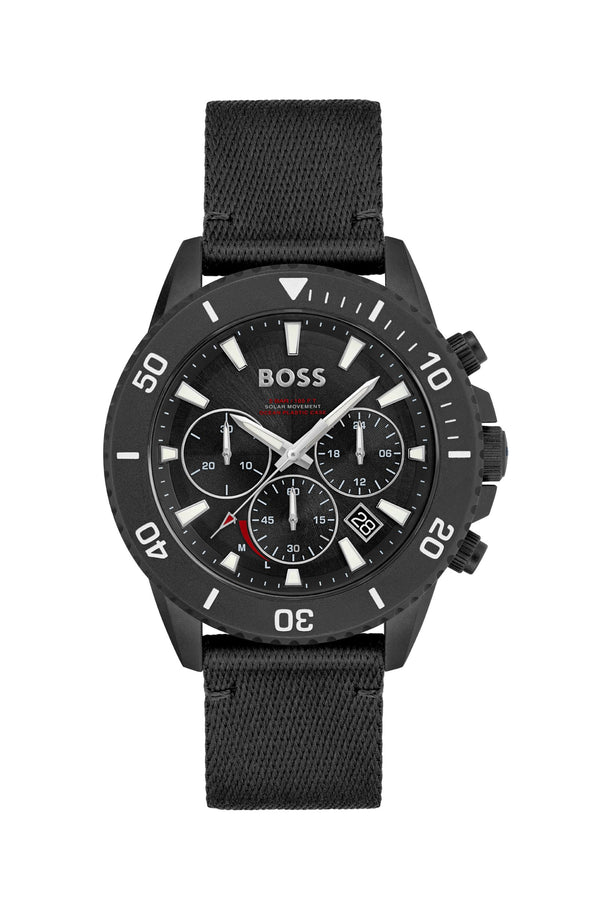 Black-dial chronograph watch with fabric strap