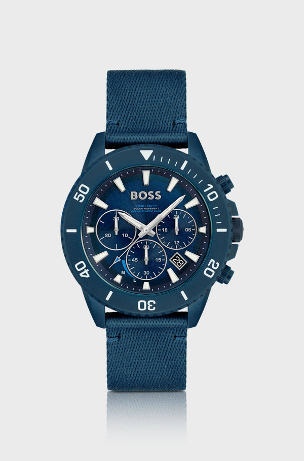Blue-dial chronograph watch with fabric strap