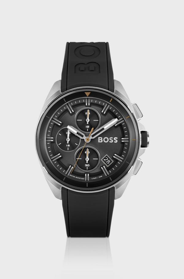 Black-dial chronograph watch with black silicone strap