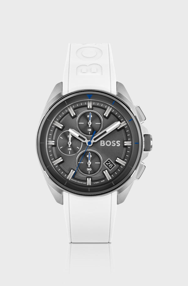 Grey-dial chronograph watch with white silicone strap
