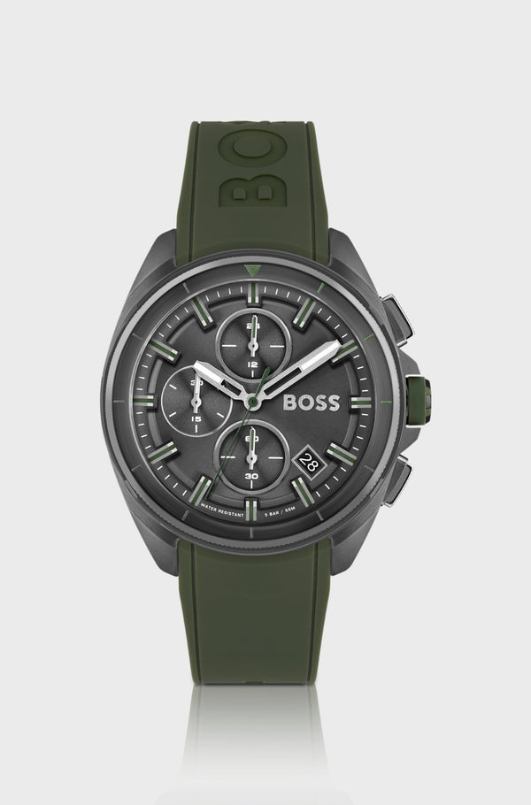 Grey-plated chronograph watch with olive silicone strap