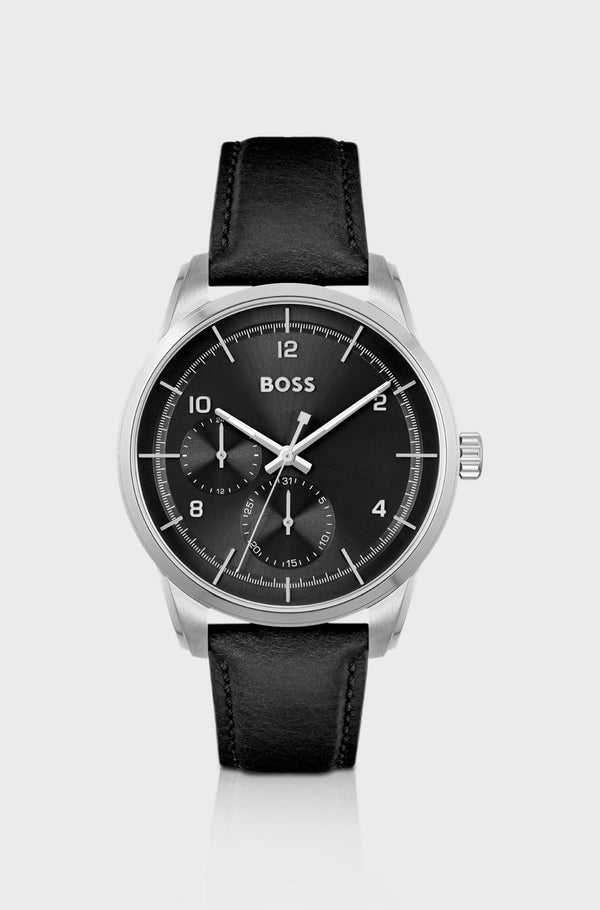 Black-dial multi-eye watch with leather strap