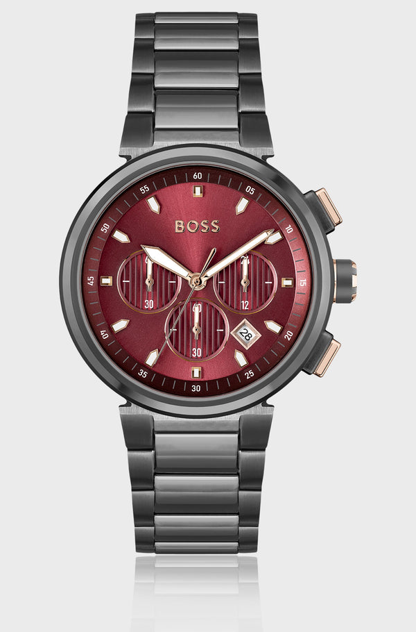 Link-bracelet chronograph watch in grey-plated steel