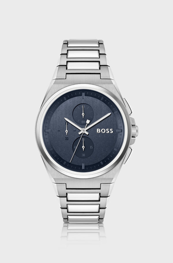Blue-dial chronograph watch with link bracelet