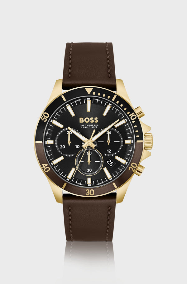 Chronograph watch with brown leather strap