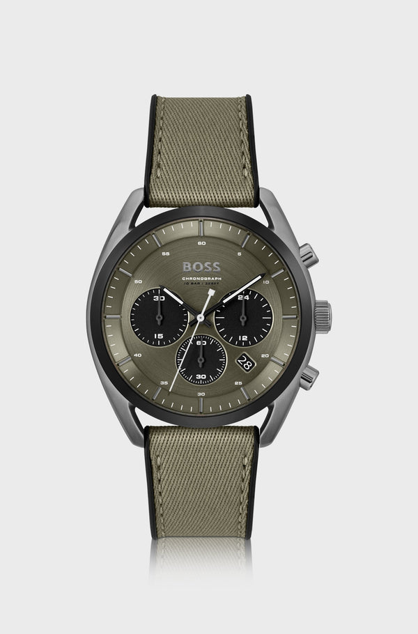 Khaki-dial chronograph watch with silicone strap