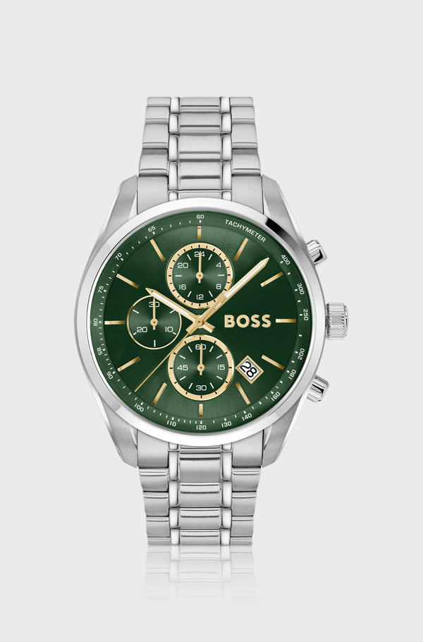 Green-dial watch with steel bracelet